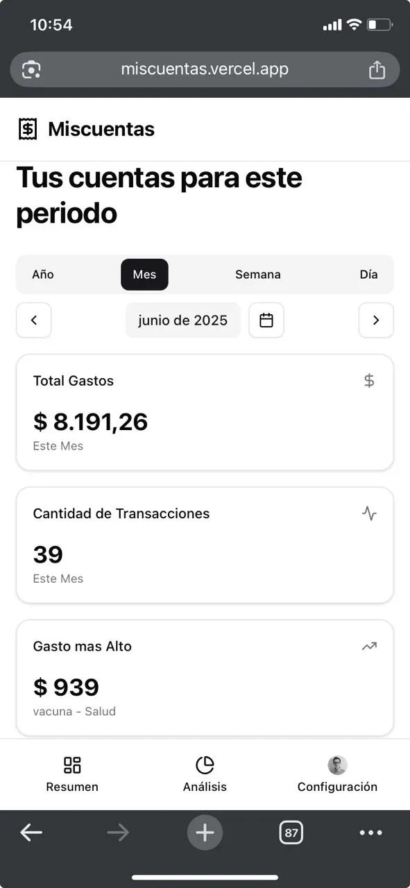 Dashboard de gastos en MisCuentas - Vista principal
